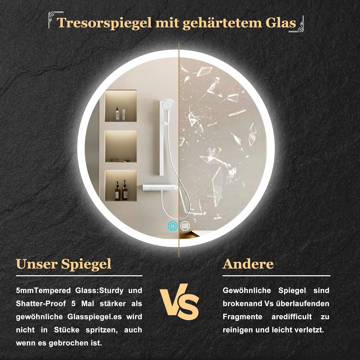 آینه حمام SDXYSTCE با نورپردازی، آینه گرد 80 سانتی متری با نور، آینه دیواری LED با کلید لمسی، 3 رنگ نور قابل تنظیم، ضد آب IP55، ضد بخار، شیشه سکوریت