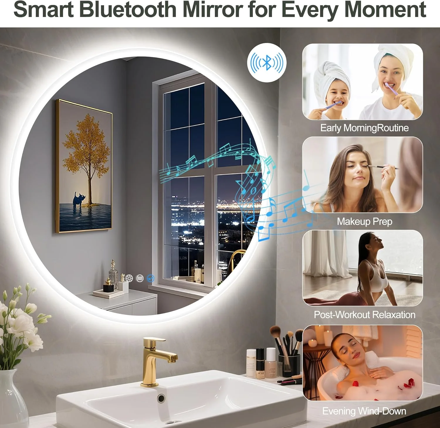 آینه گرد حمام S’bagno با چراغ‌های LED، 600 میلی‌متر، آینه حمام LED دیواری با بلوتوث، ضد بخار، 3000K-6500K، دیمر دار، شیشه حرارت دیده HD، حافظه، ضد آب IP44