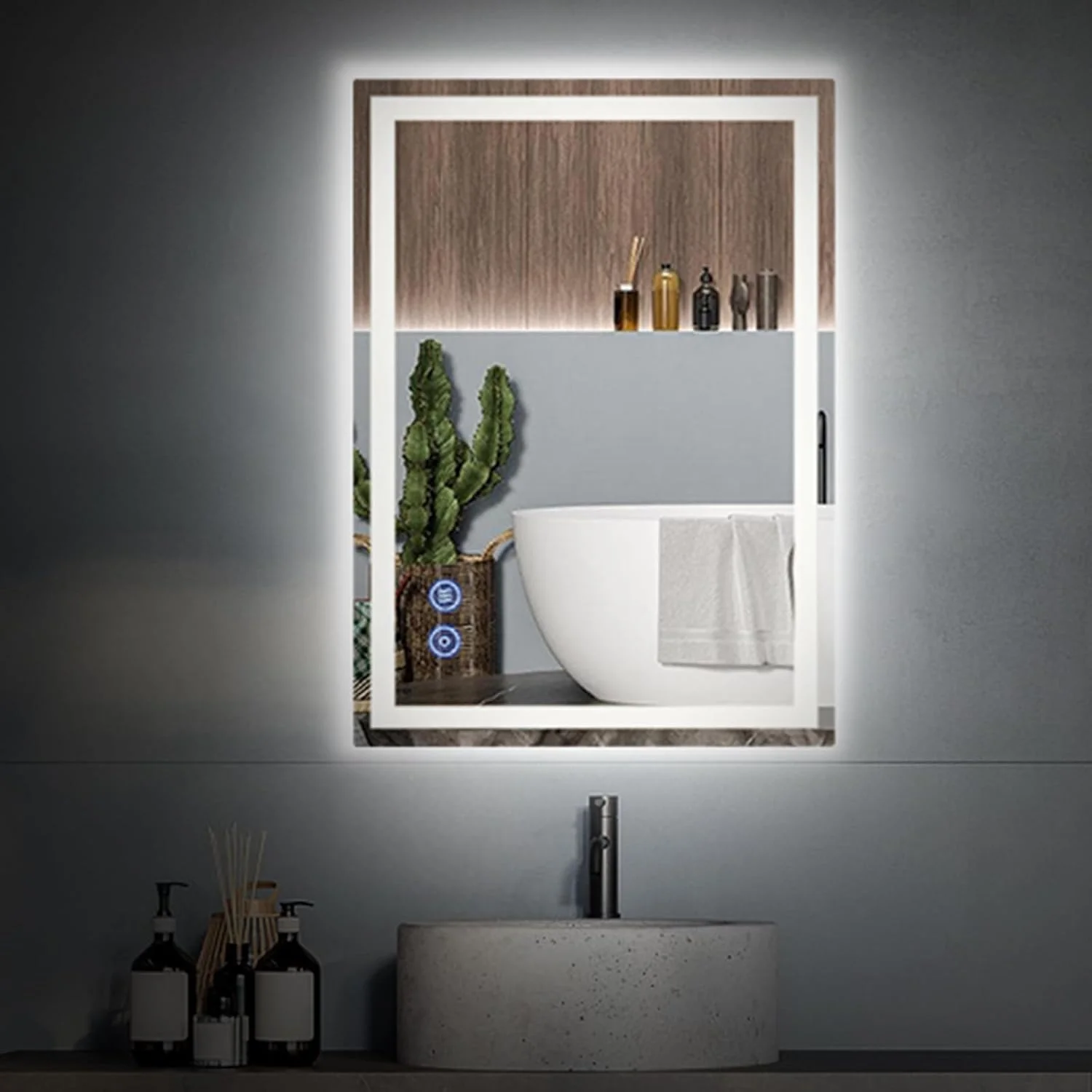 آینه حمام SANYCASA با نورپردازی 50 در 70 سانتی متر، آینه دیواری با کلید لمسی ضد مه، 3 رنگ نور، قابلیت تنظیم نور، عملکرد حافظه ضد مه