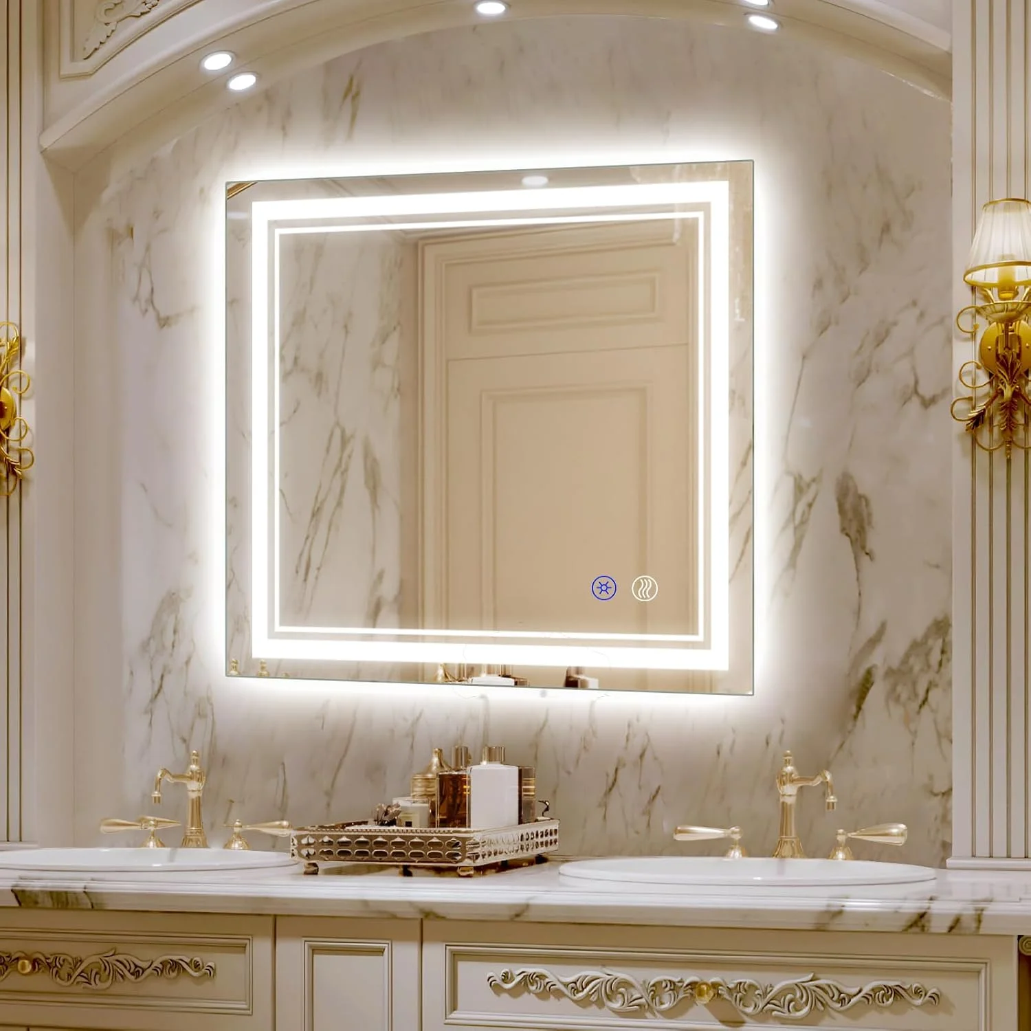 آینه حمام LED SaniteModar سایز 36x36 اینچ، آینه LED با نور پس زمینه و جلو، 3 رنگ دیمر شونده، ضد بخار، قابل نصب دیواری، مناسب آرایش، لمسی افقی/عمودی