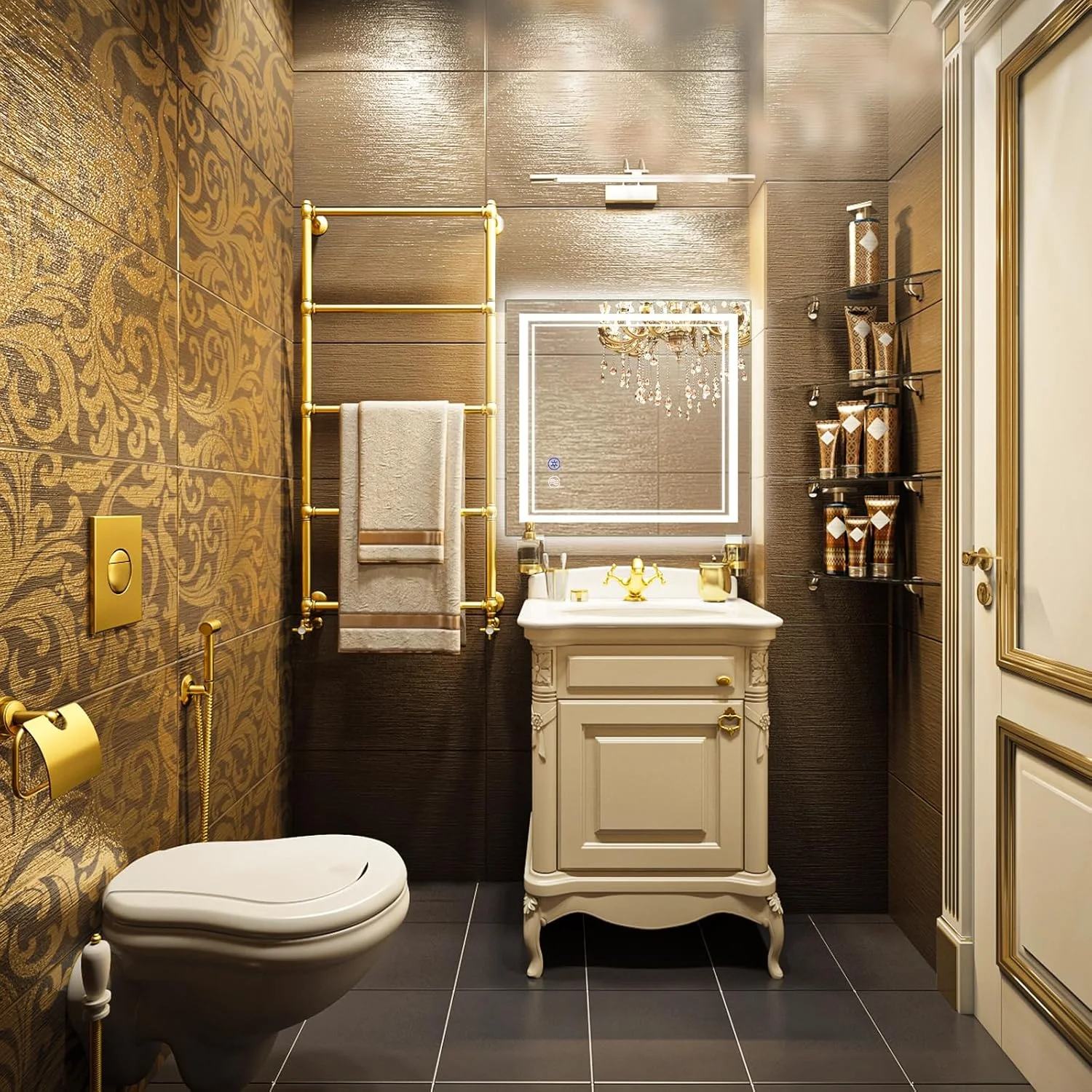 آینه حمام LED SaniteModar سایز 36x36 اینچ، آینه LED با نور پس زمینه و جلو، 3 رنگ دیمر شونده، ضد بخار، قابل نصب دیواری، مناسب آرایش، لمسی افقی/عمودی