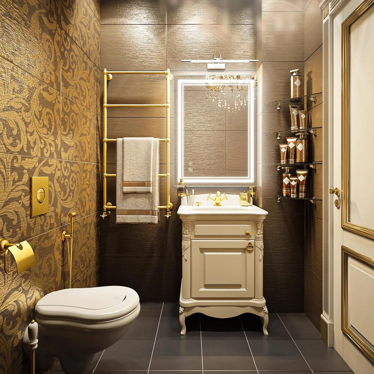 آینه حمام ال ای دی SaniteModar، آینه حمام 81x61 سانتی‌متری با چراغ، 3 رنگ قابل تنظیم، آینه روشویی ضد مه دیواری با لمس افقی/عمودی