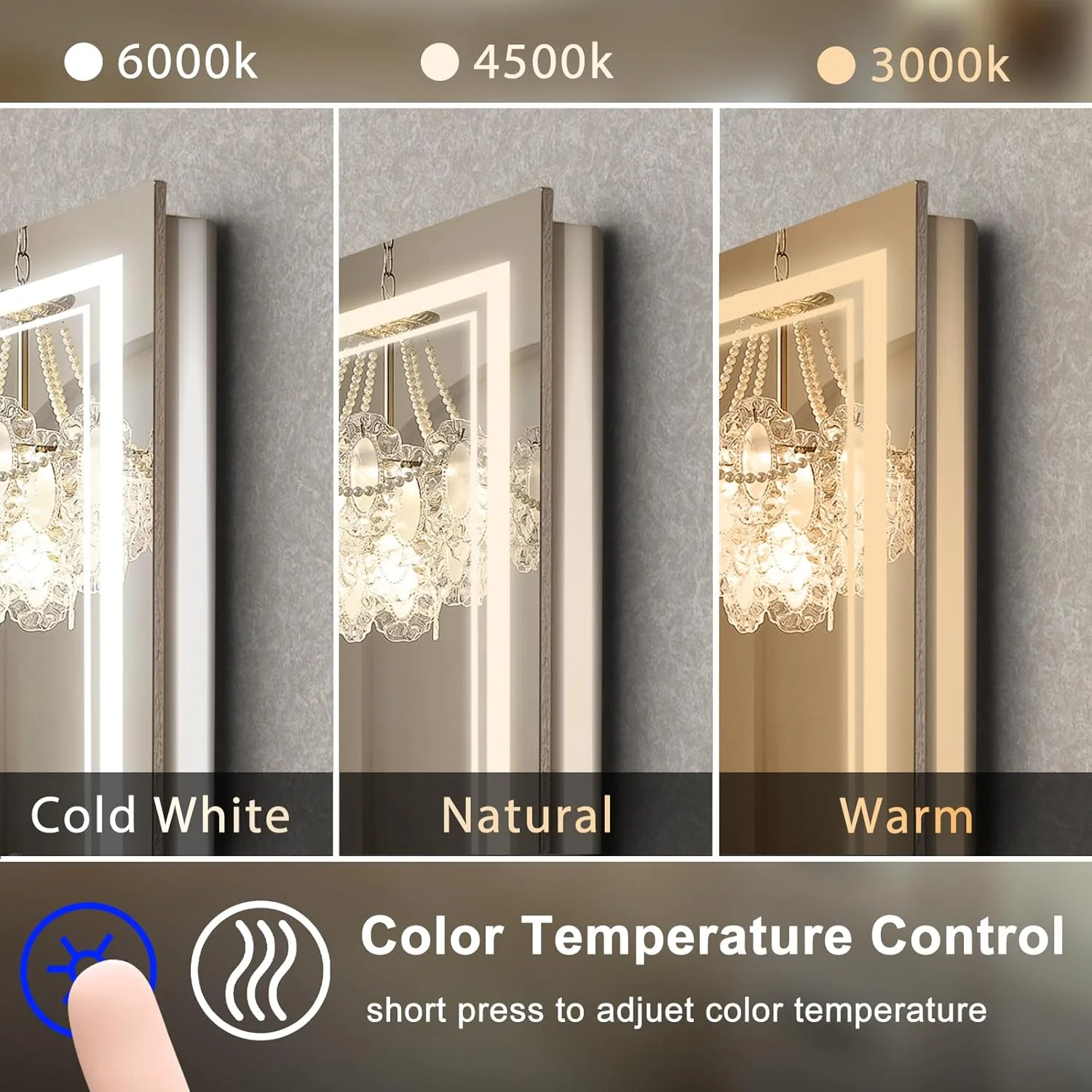 آینه حمام LED SaniteModar سایز 36x36 اینچ، آینه LED با نور پس زمینه و جلو، 3 رنگ دیمر شونده، ضد بخار، قابل نصب دیواری، مناسب آرایش، لمسی افقی/عمودی