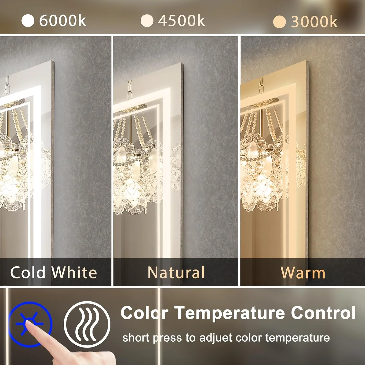 آینه حمام ال ای دی SaniteModar، آینه حمام 81x61 سانتی‌متری با چراغ، 3 رنگ قابل تنظیم، آینه روشویی ضد مه دیواری با لمس افقی/عمودی