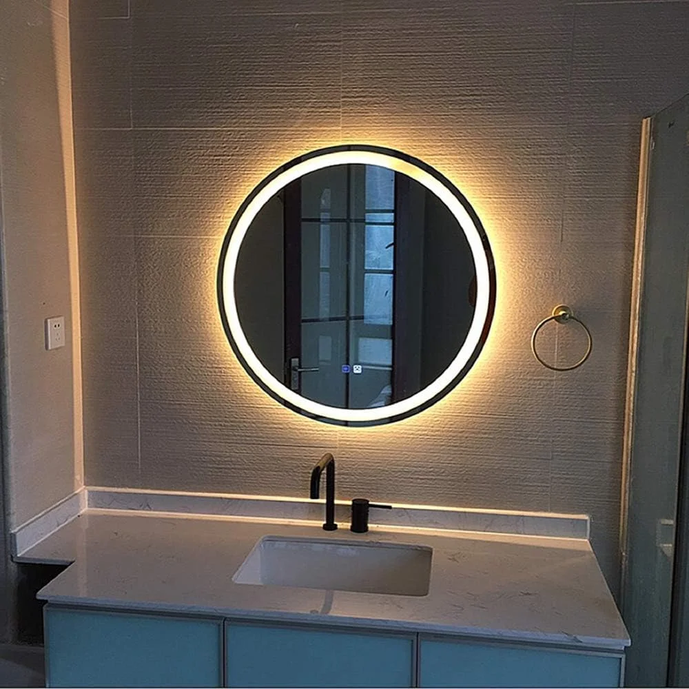 آینه حمام LED سامنورلی / آینه آرایشی دیواری / 60 سانتی متر / کلید لمسی LED / آینه ضد انفجار - بدون قاب / قاب مشکی / قاب طلایی (سفید / نور گرم)