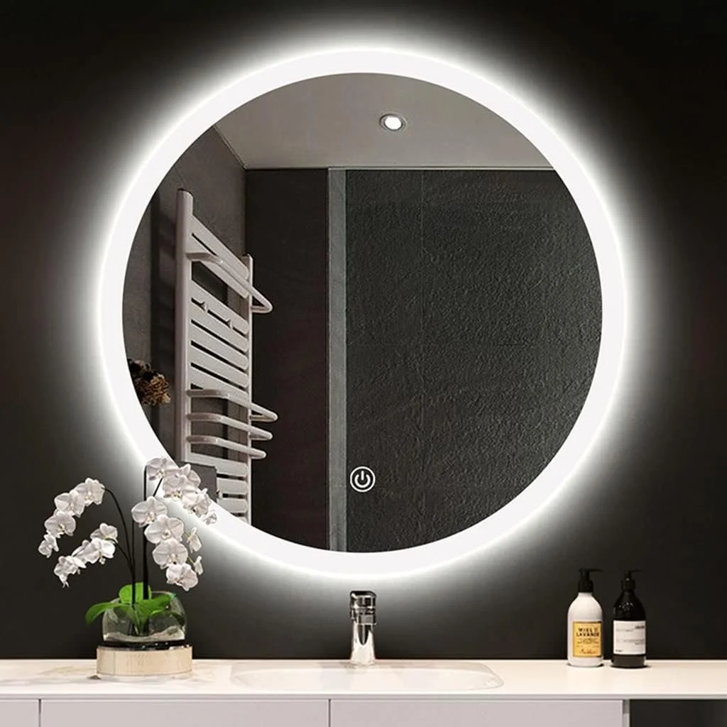 آینه حمام Samnuerly با نور پس زمینه LED، آینه آرایشی گرد بدون قاب، مناسب برای روشویی (رنگ: نور سفید، اندازه: 700x700mm)