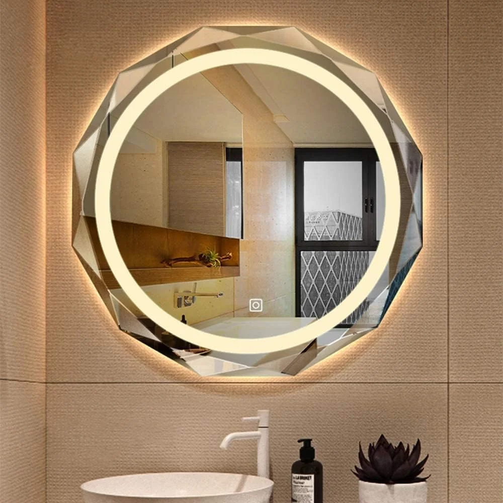 آینه حمام LED نورانی Samnuerly، آینه گرد بدون قاب، آینه روشویی دیواری |60/70/80 سانتی متر| کلید لمسی نور - نور سفید/گرم/دو رنگ (سه سبک اختیاری)