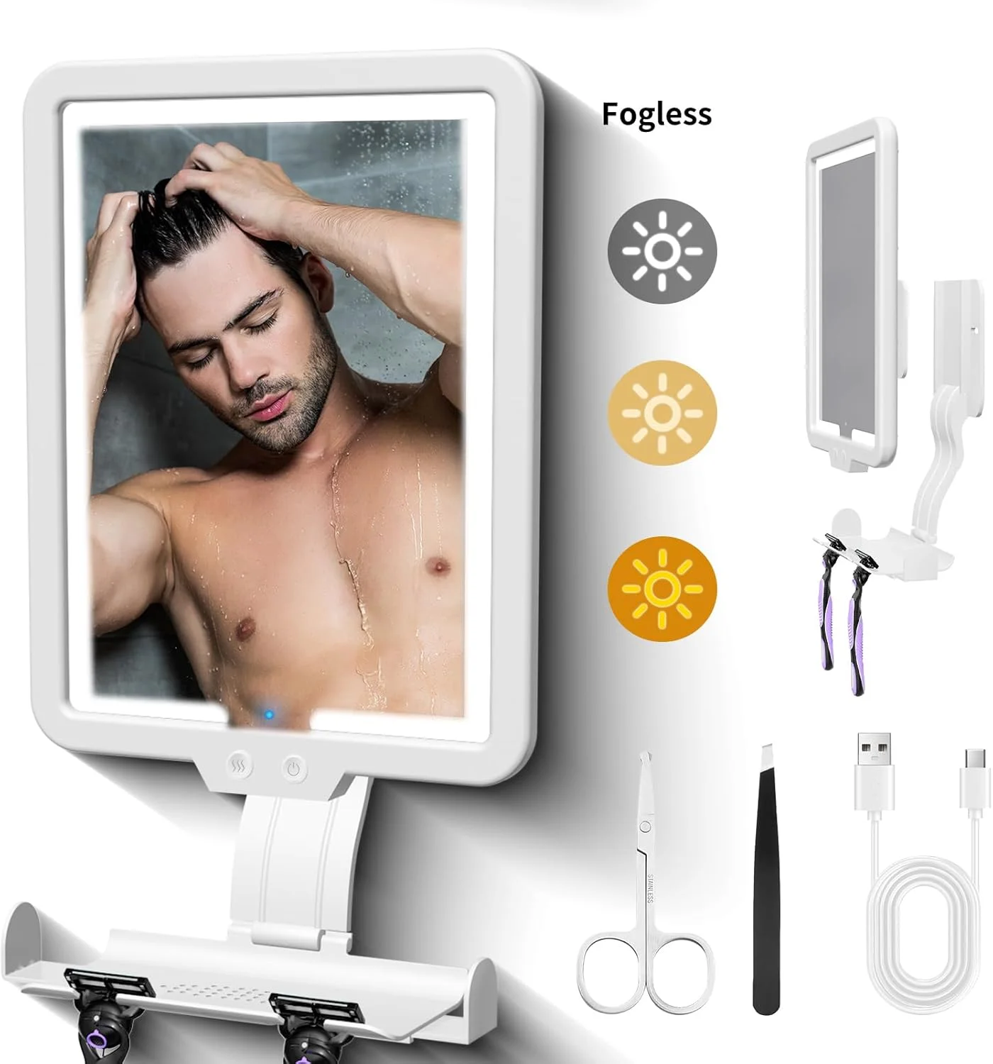 آینه دیواری بزرگ سایگنی مدرن با ابعاد 60 در 90 سانتی‌متر، مناسب حمام، دارای چراغ، سیستم ضد بخار الکترونیکی، نور سه رنگ قابل تنظیم، قابل شارژ، بدون بخار برای اصلاح، آرایش و دکوراسیون منزل