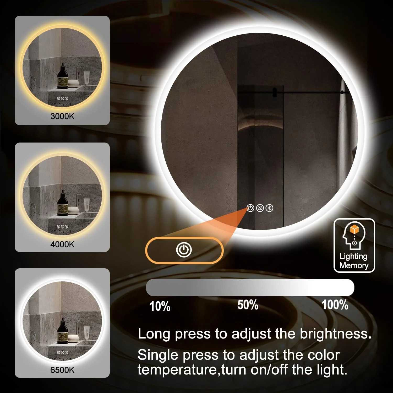 آینه حمام LED گرد S·BAGNO سایز 24 اینچ با نور، نور پس زمینه و نور جلو، آینه ضد بخار دیواری 3000K/4000K/6500K، آینه هوشمند با بلندگو آینه حمام LED گرد S·BAGNO سایز 24 اینچ با نور، نور پس زمینه و نور جلو، آینه ضد بخار دیواری 3000K/4000K/6500K، آینه هوشمند با بلندگو