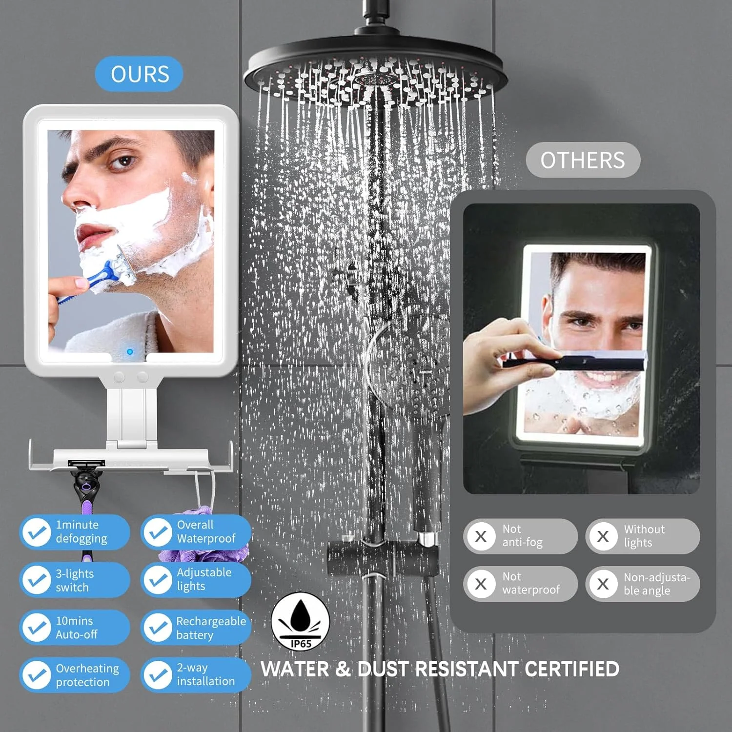 آینه دیواری بزرگ سایگنی مدرن با ابعاد 60 در 90 سانتی‌متر، مناسب حمام، دارای چراغ، سیستم ضد بخار الکترونیکی، نور سه رنگ قابل تنظیم، قابل شارژ، بدون بخار برای اصلاح، آرایش و دکوراسیون منزل