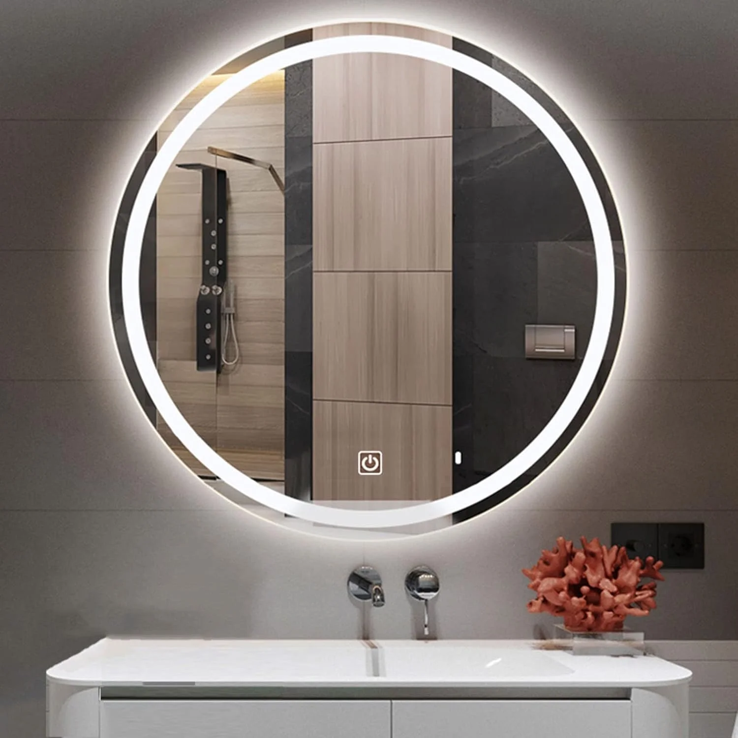 آینه حمام نورپردازی شده Samnuerly با چراغ های LED روشن، آینه آرایش دیواری، بدون قاب، گرد (نور سفید/نور گرم) (رنگ: نور سفید گرد، اندازه: 90x90 سانتی متر)