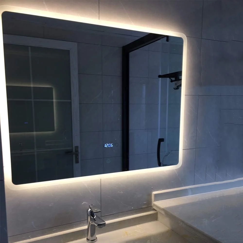 آینه دیواری Samnuerly بلوتوث/ آینه روشویی LED حمام / 800x600mm / روشنایی رنگ قابل تنظیم سوئیچ لمسی + ضد مه + دما زمان + آینه ضد انفجار / - نور سفید/گرم/زرد