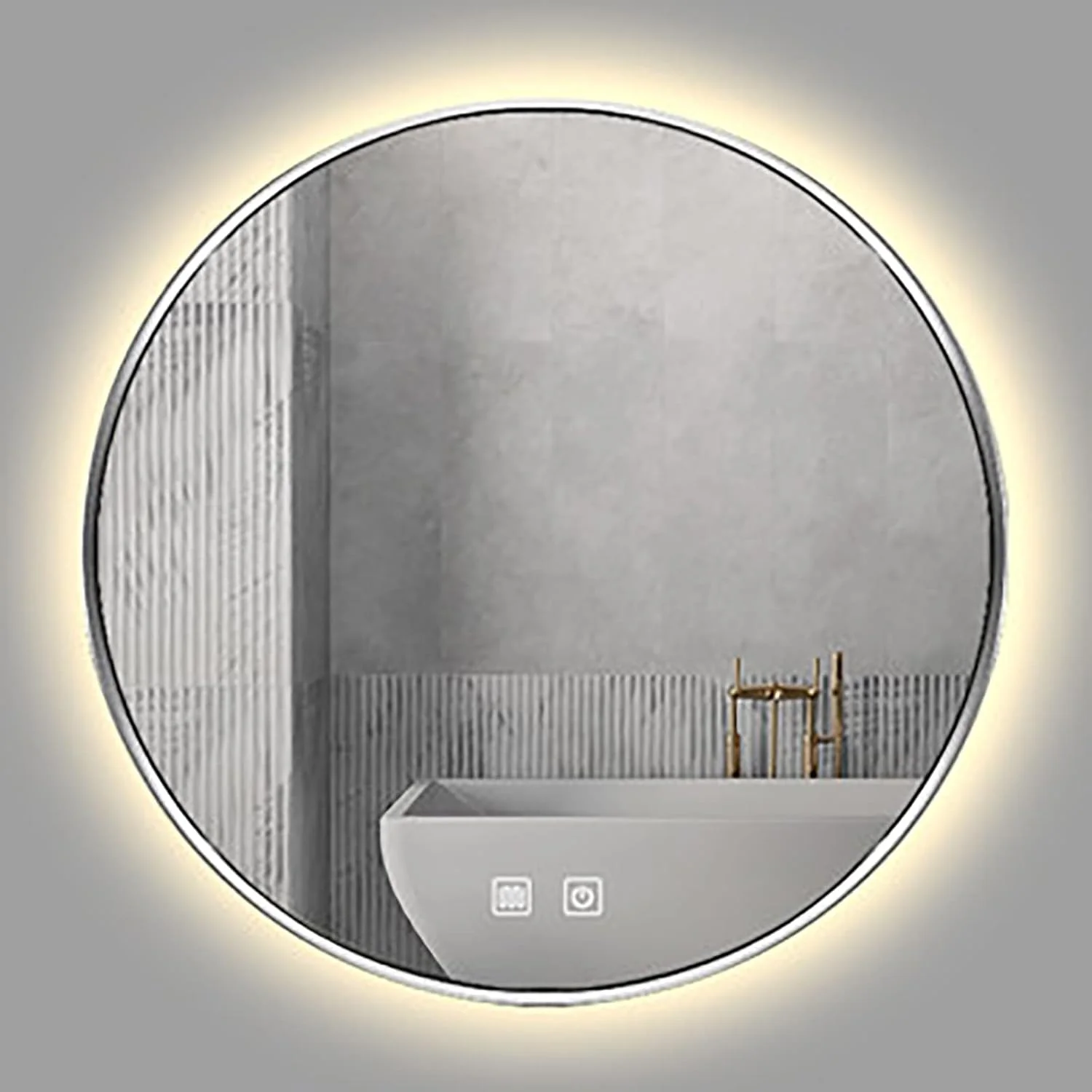 آینه حمام گرد نورانی - آینه روشویی ضد بخار دیواری - آینه آرایش با نور پس زمینه قاب فلزی - 3 رنگ نور LED قابل تنظیم - ضد آب IP44، لمس دوگانه (نقره ای 800x800 میلی متر)