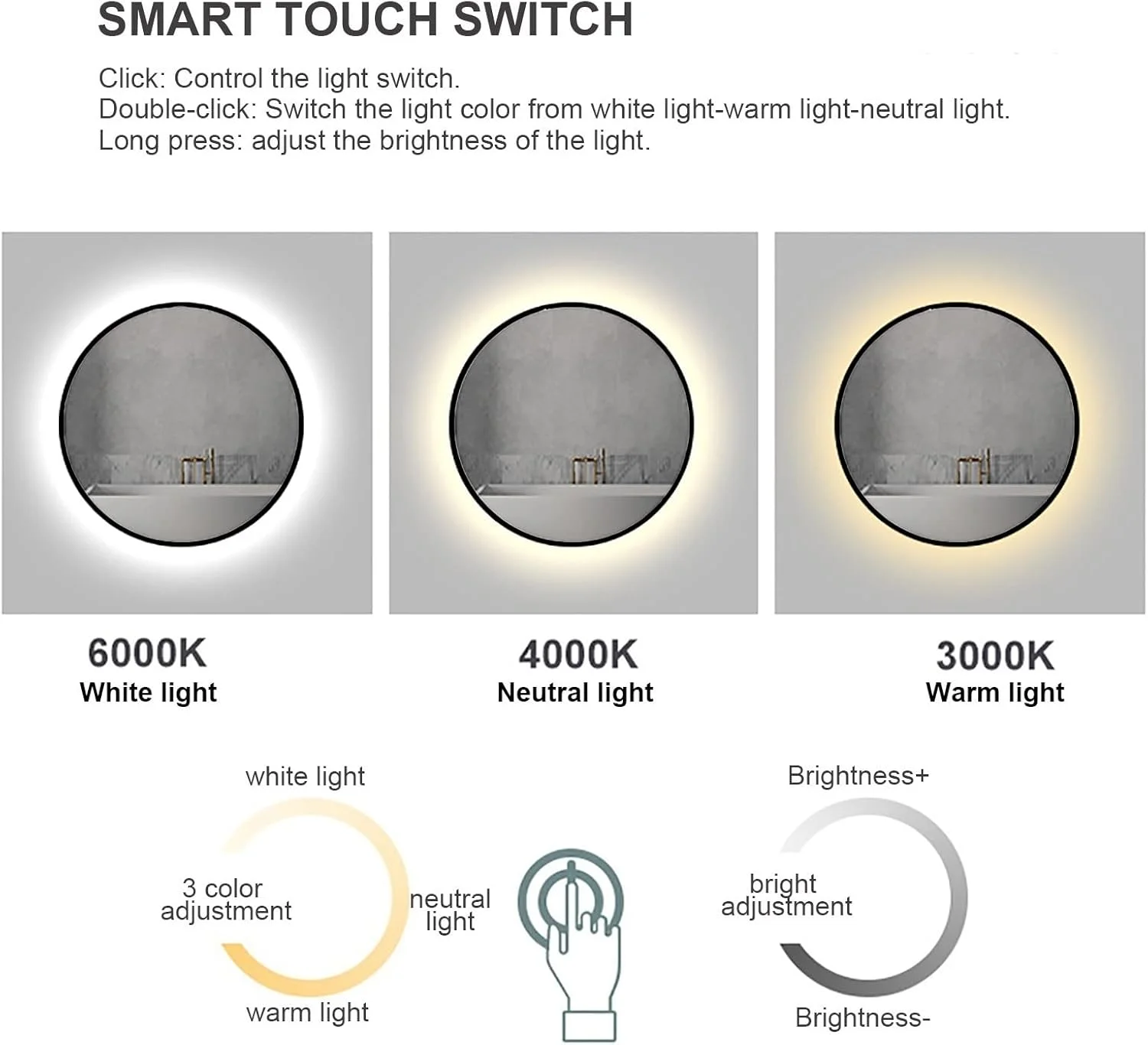 آینه گرد روشویی IlluminatLED - آینه ضد بخار LED دیواری - آینه آرایش با نور پس زمینه قاب فلزی - 3 رنگ نور LED با قابلیت تنظیم نور - ضد آب IP44، لمس دوگانه
