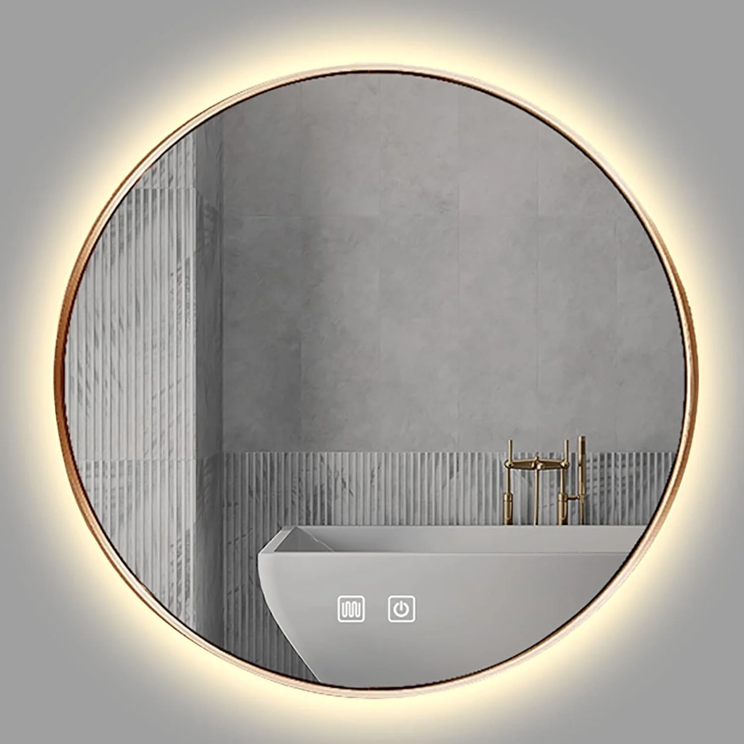 آینه حمام گرد نورانی - آینه روشویی ضد بخار دیواری - آینه آرایش با نور پس زمینه قاب فلزی - 3 رنگ نور LED قابل تنظیم - ضد آب IP44، لمس دوگانه، طلایی - 800x800 میلی متر