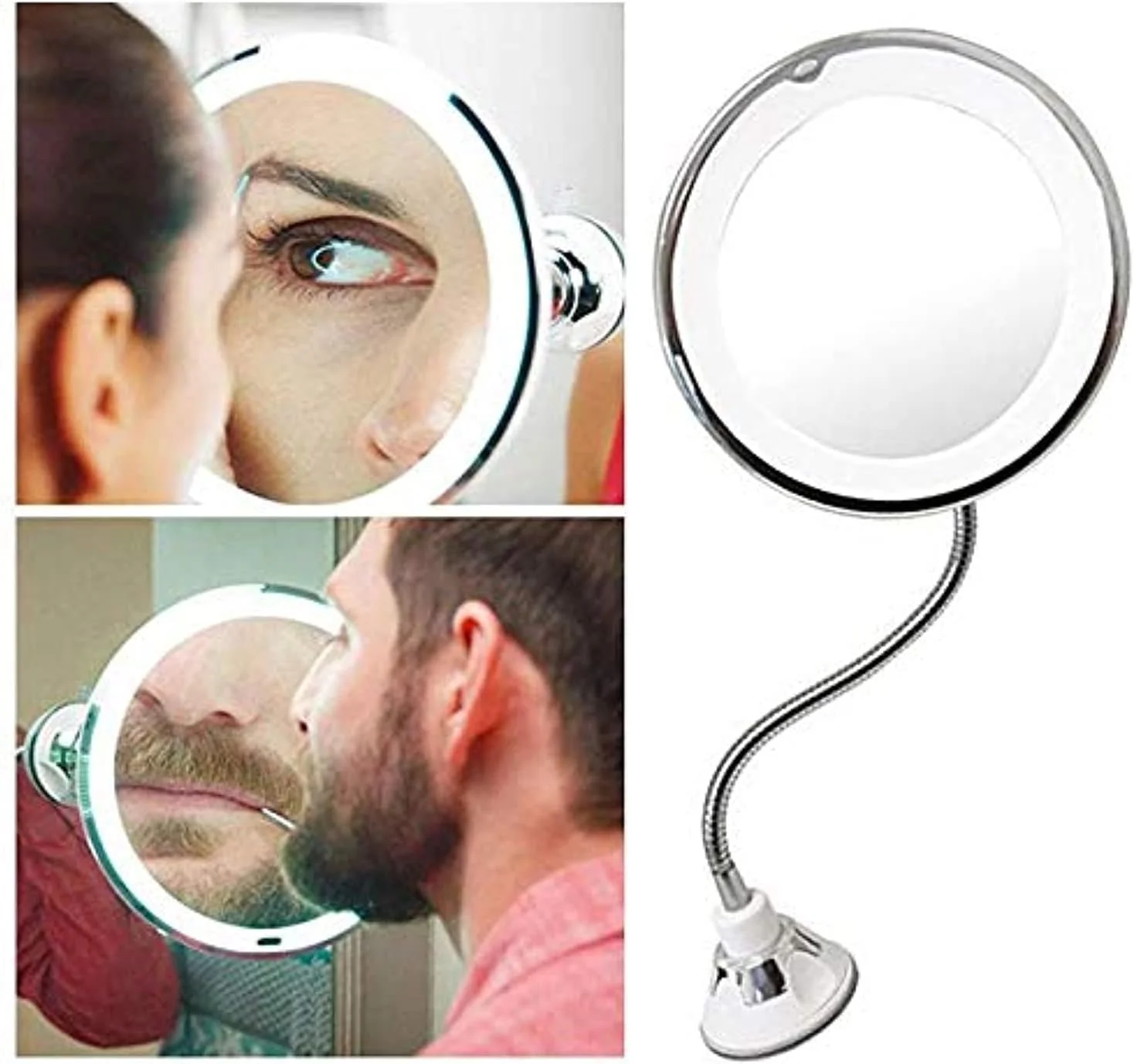 آینه آرایشی حمام با نور LED، بزرگنمایی 10 برابر، گردن غازی انعطاف پذیر با قابلیت چرخش 360 درجه و قابل تنظیم - نقره ای