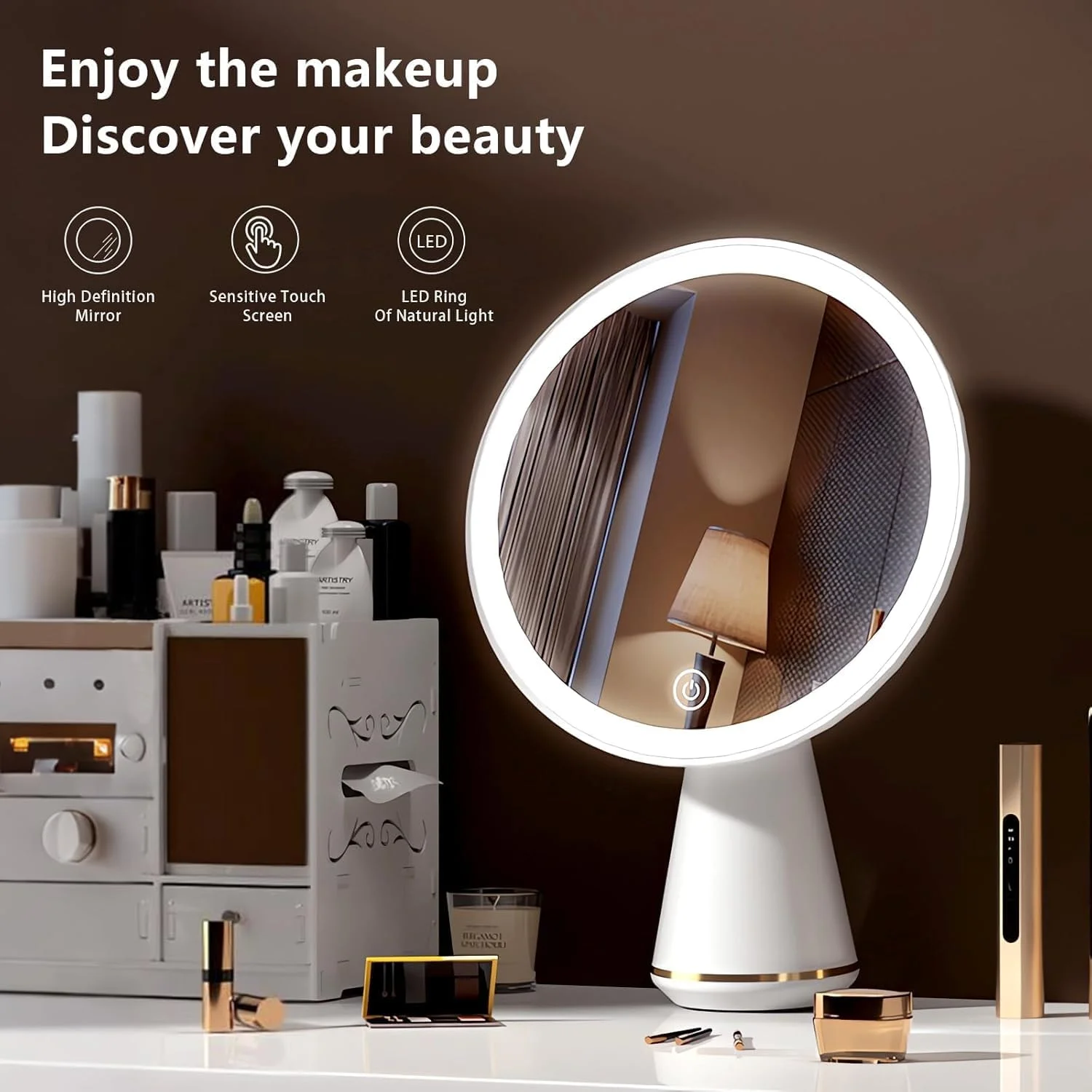 آینه با چراغ، آینه آرایشی با صفحه لمسی چرخش 360 درجه، قابل شارژ 1000 میلی آمپر ساعتی، با آینه ال ای دی با 3 سطح روشنایی قابل تنظیم، هدیه زنانه (سفید)