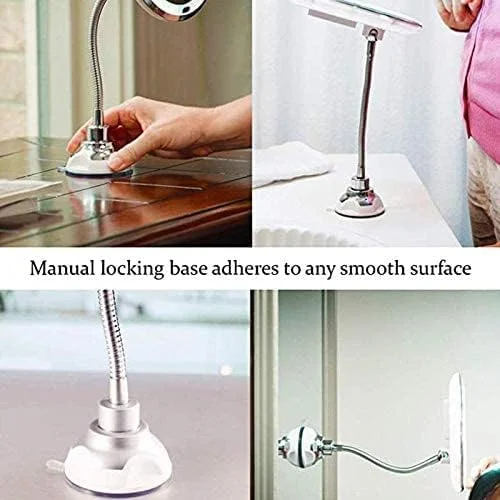 آینه آرایشی حمام با نور LED، بزرگنمایی 10 برابر، گردن غازی انعطاف پذیر با قابلیت چرخش 360 درجه و قابل تنظیم - نقره ای