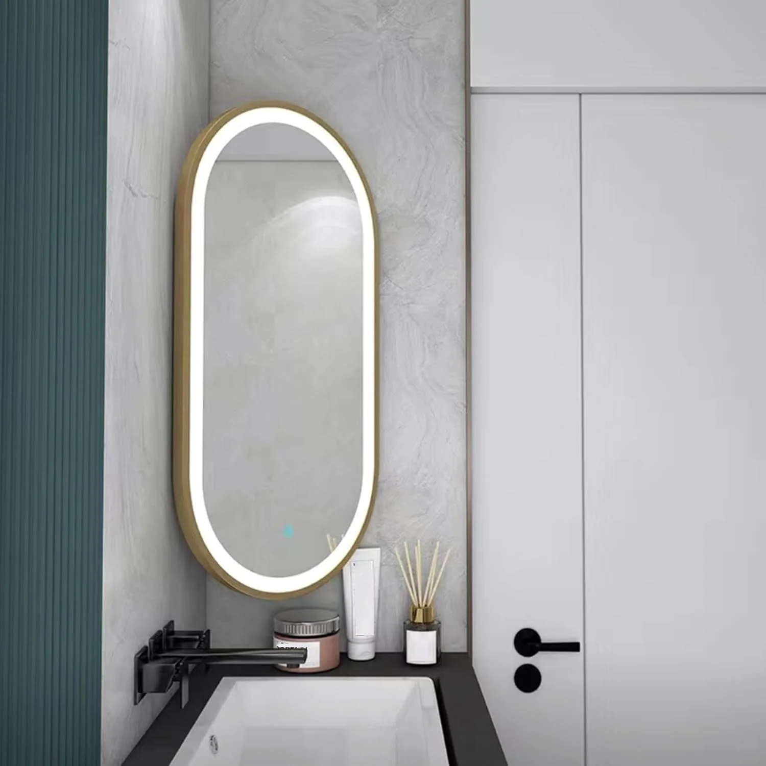 آینه دیواری گوشه ای، آینه حمام LED چرخشی، 30X60 سانتی متر، 40X80 سانتی متر، 50X100 سانتی متر، آینه آرایش هوشمند با قابلیت تنظیم نور، سه رنگ با قابلیت تنظیم بی نهایت، HD، ضد انفجار، آلومینیومی