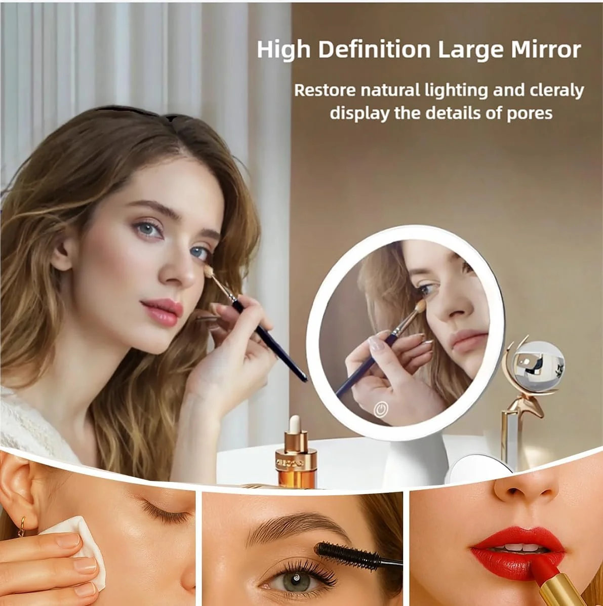 آینه با چراغ، آینه آرایشی با صفحه لمسی چرخش 360 درجه، قابل شارژ 1000 میلی آمپر ساعتی، با آینه ال ای دی با 3 سطح روشنایی قابل تنظیم، هدیه زنانه (سفید)