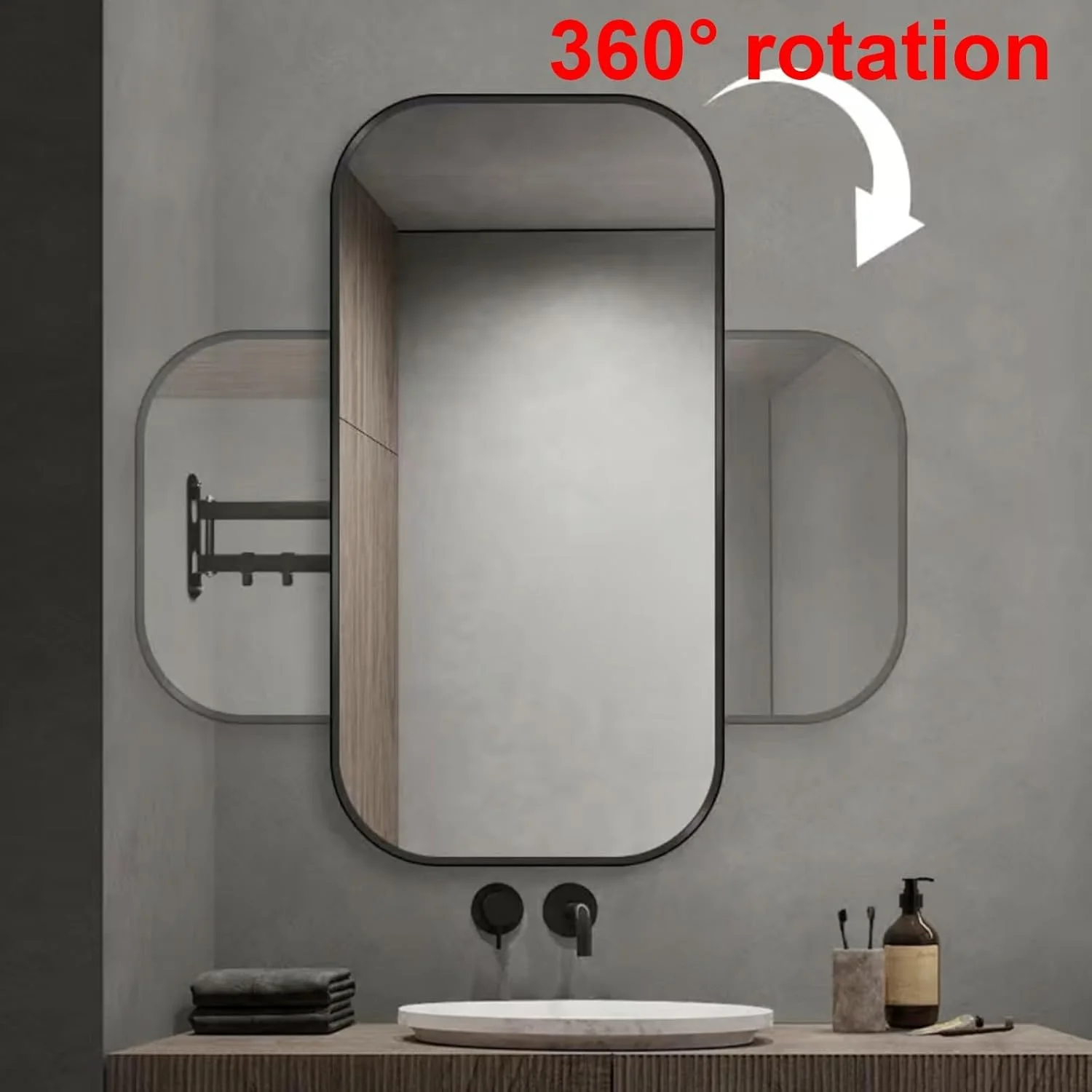 آینه دیواری گوشه ای چرخان، آینه حمام با قابلیت چرخش 360 درجه، آینه تزئینی با قاب فلزی، آینه آرایش، قاب آلومینیومی، HD، ضد انفجار (سایز: 50x80 سانتی متر) (31.5 اینچ طول x 19