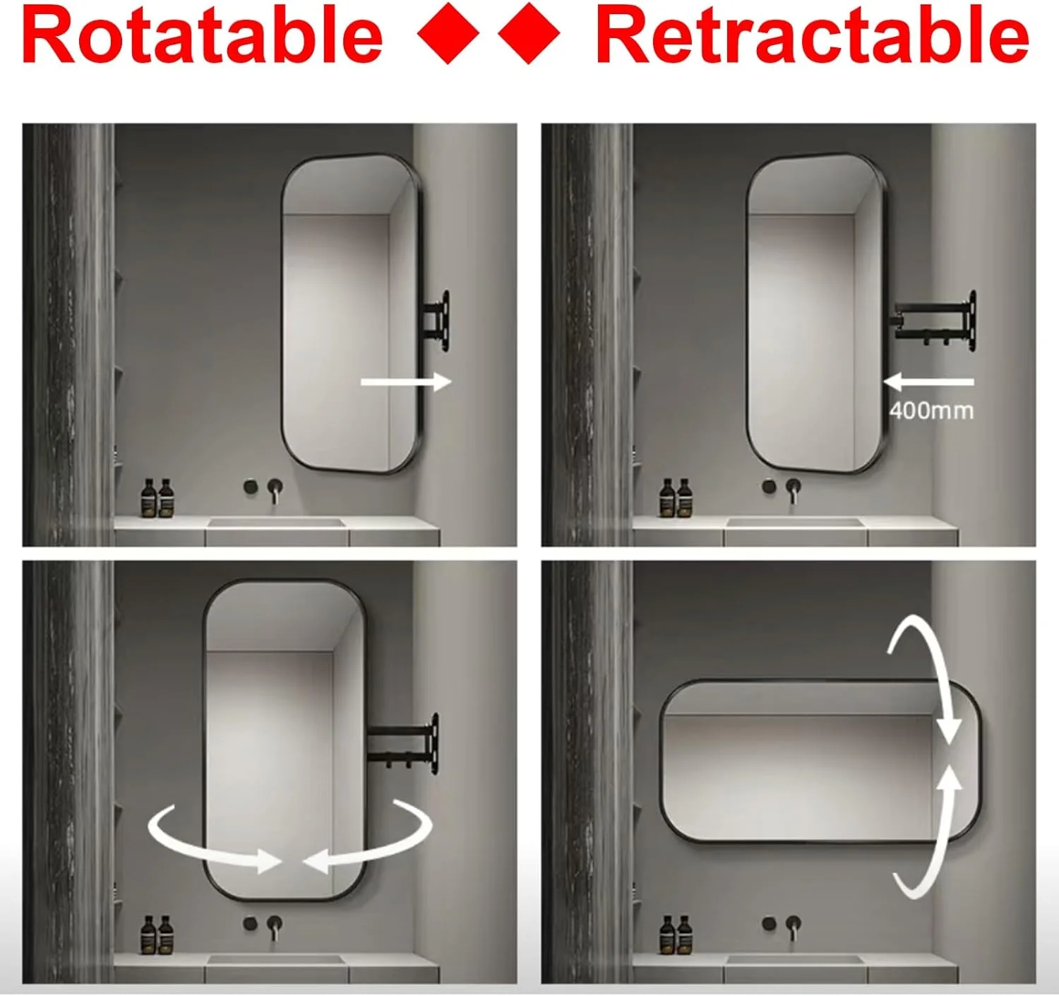 آینه دیواری گوشه ای چرخان، آینه حمام با قابلیت چرخش 360 درجه، آینه تزئینی با قاب فلزی، آینه آرایش، قاب آلومینیومی، HD، ضد انفجار (سایز: 50x80 سانتی متر) (31.5 اینچ طول x 19