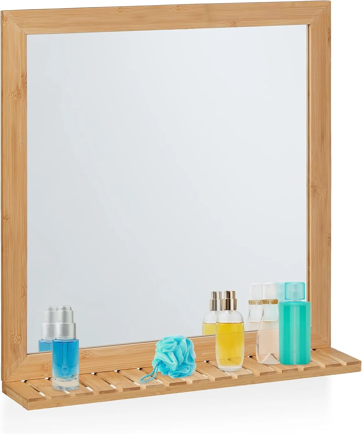 آینه دیواری Relaxdays با قفسه، قاب بامبو، ابعاد 61.5 × 60 × 12 سانتی متر، آینه آویز برای حمام، کمد لباس و سرویس بهداشتی مهمان، رنگ طبیعی