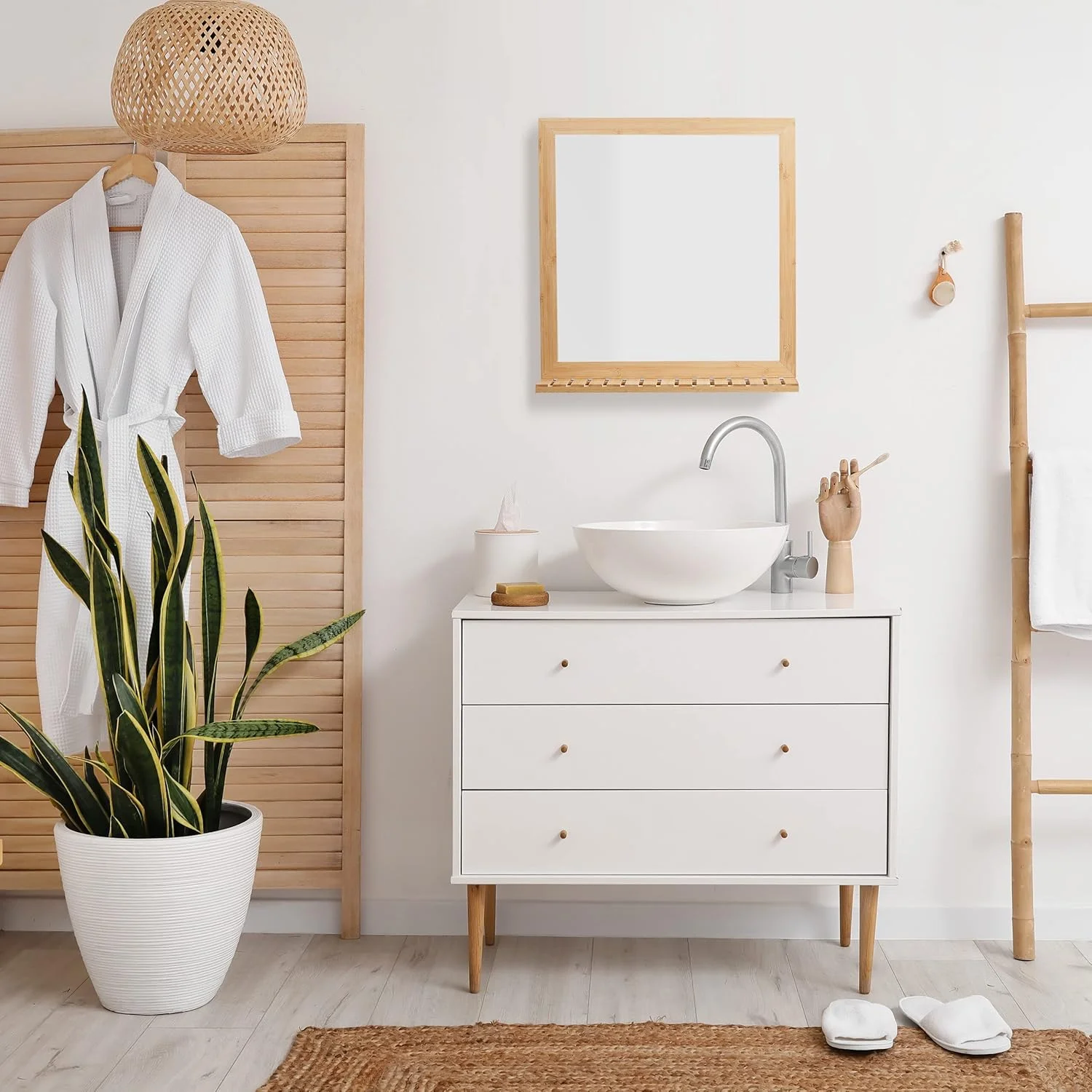 آینه دیواری Relaxdays با قفسه، قاب بامبو، ابعاد 61.5 × 60 × 12 سانتی متر، آینه آویز برای حمام، کمد لباس و سرویس بهداشتی مهمان، رنگ طبیعی