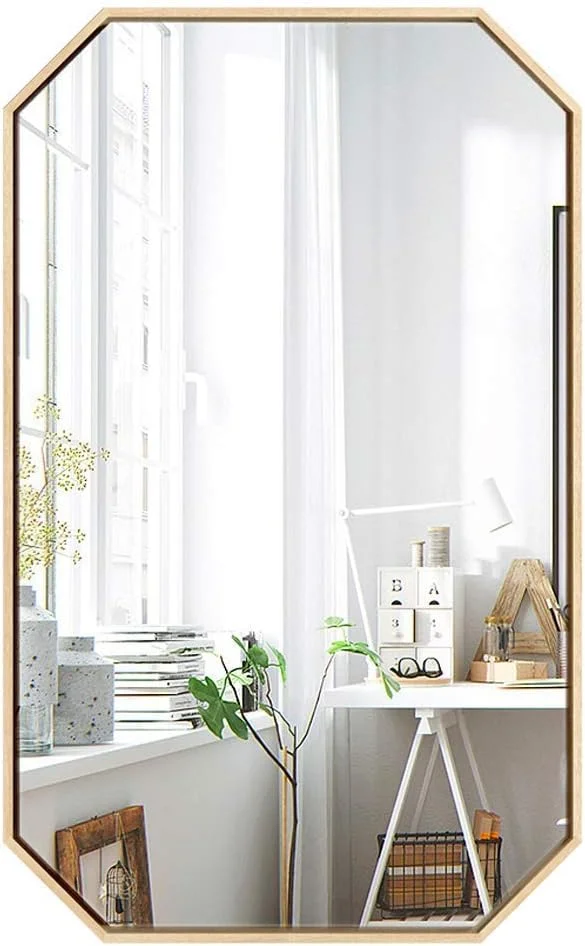 آینه آرایشی REJOON، آینه حمام، آینه رومیزی، آینه دکوری روستیک، آینه شیشه ای هشت ضلعی، آینه آویز افقی/عمودی، قاب طلایی برس خورده، آینه تزئینی /a/40X60Cm