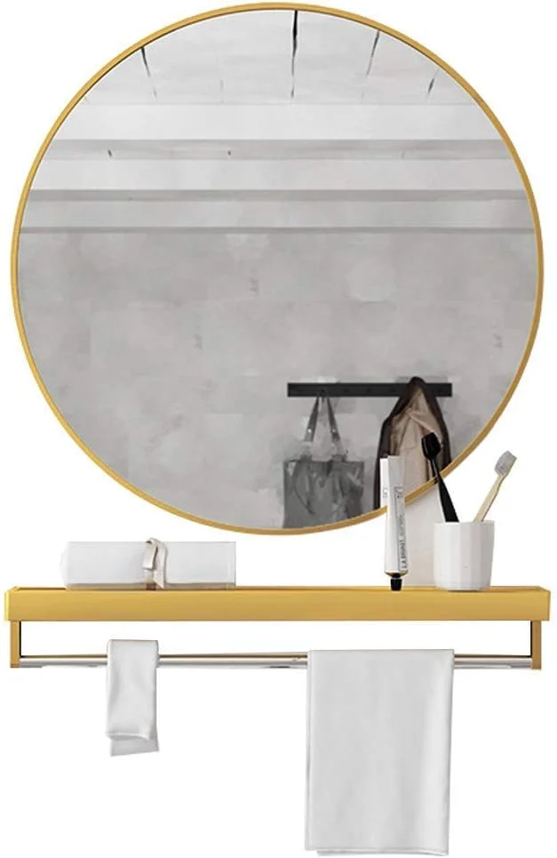 آینه آرایشی REJOON، آینه حمام، آینه رومیزی با قفسه، آینه دیواری گرد/طلایی/50 سانتی متر (رنگ: طلایی، سایز: 50 سانتی متر)