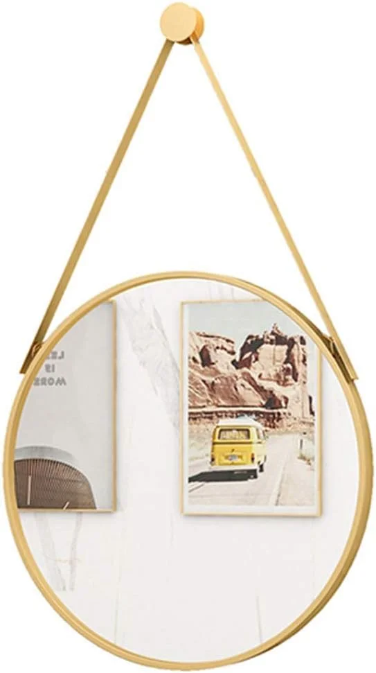 آینه آرایشی REJOON، آینه حمام، آینه رومیزی، آینه گرد دیواری به سبک نوردیک، آینه شیشه ای با قاب فلزی آویز با زنجیر/مشکی/50 سانتی متر (رنگ: طلایی، اندازه: 40 سانتی متر)