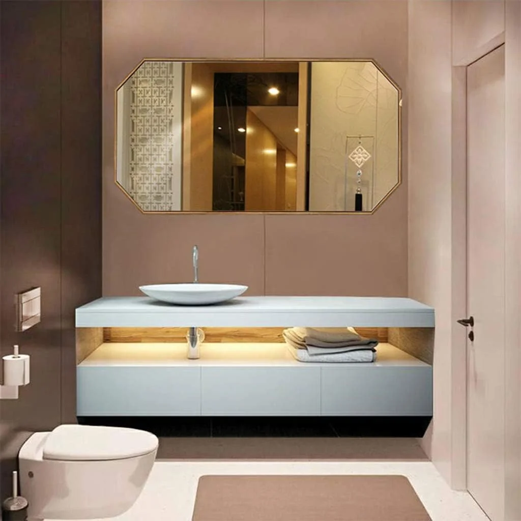 آینه آرایشی REJOON، آینه حمام، آینه رومیزی، آینه دکوری روستیک، آینه شیشه ای هشت ضلعی، آینه آویز افقی/عمودی، قاب طلایی برس خورده، آینه تزئینی /a/40X60Cm