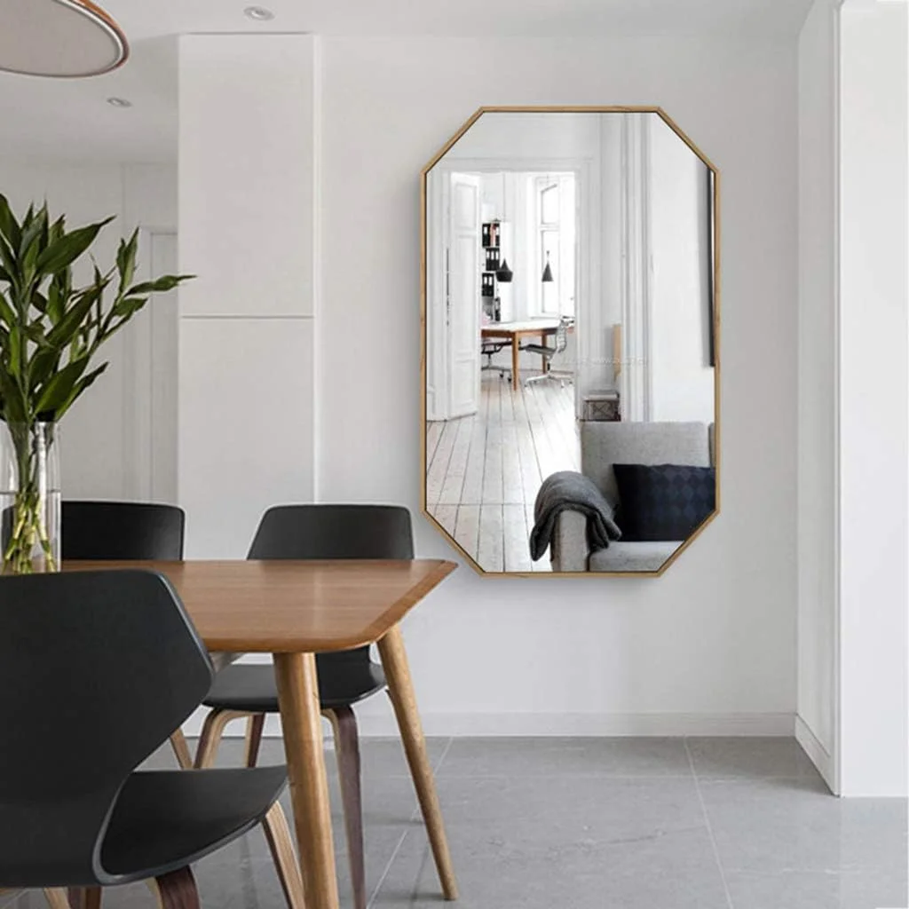 آینه آرایشی REJOON، آینه حمام، آینه رومیزی، آینه دکوری روستیک، آینه شیشه ای هشت ضلعی، آینه آویز افقی/عمودی، قاب طلایی برس خورده، آینه تزئینی /a/40X60Cm