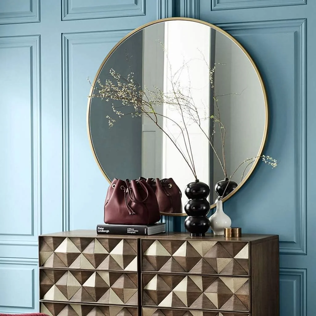 آینه آرایشی REJOON، آینه حمام، آینه رومیزی، آینه شیشه ای دایره ای، قاب فلزی ظریف HD مناسب اتاق خواب/کمد لباس/A/60X60Cm (رنگ: A، سایز: 60X60Cm)