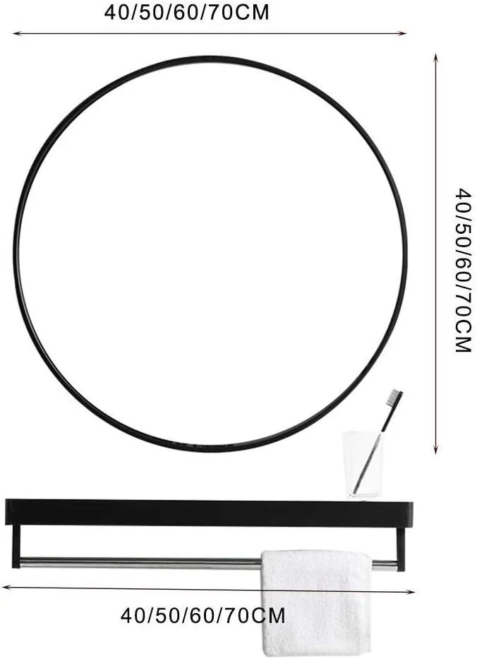 آینه آرایشی REJOON، آینه حمام، آینه رومیزی، آینه گرد مدرن با قاب، آینه های دیواری شیک با قفسه، نصب آسان / مشکی / 50 سانتی متر (رنگ: مشکی، اندازه: 40 سانتی متر)