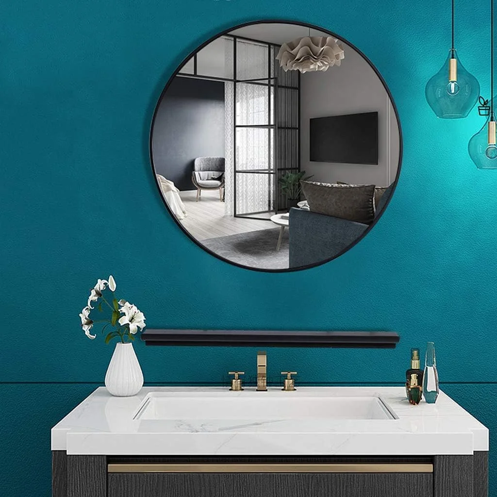 آینه آرایشی REJOON، آینه حمام، آینه رومیزی، آینه دیواری با قطر گرد، آینه قاب فلزی مدرن با قفسه / مشکی / 40 سانتی متر (رنگ: مشکی، اندازه: 50 سانتی متر)