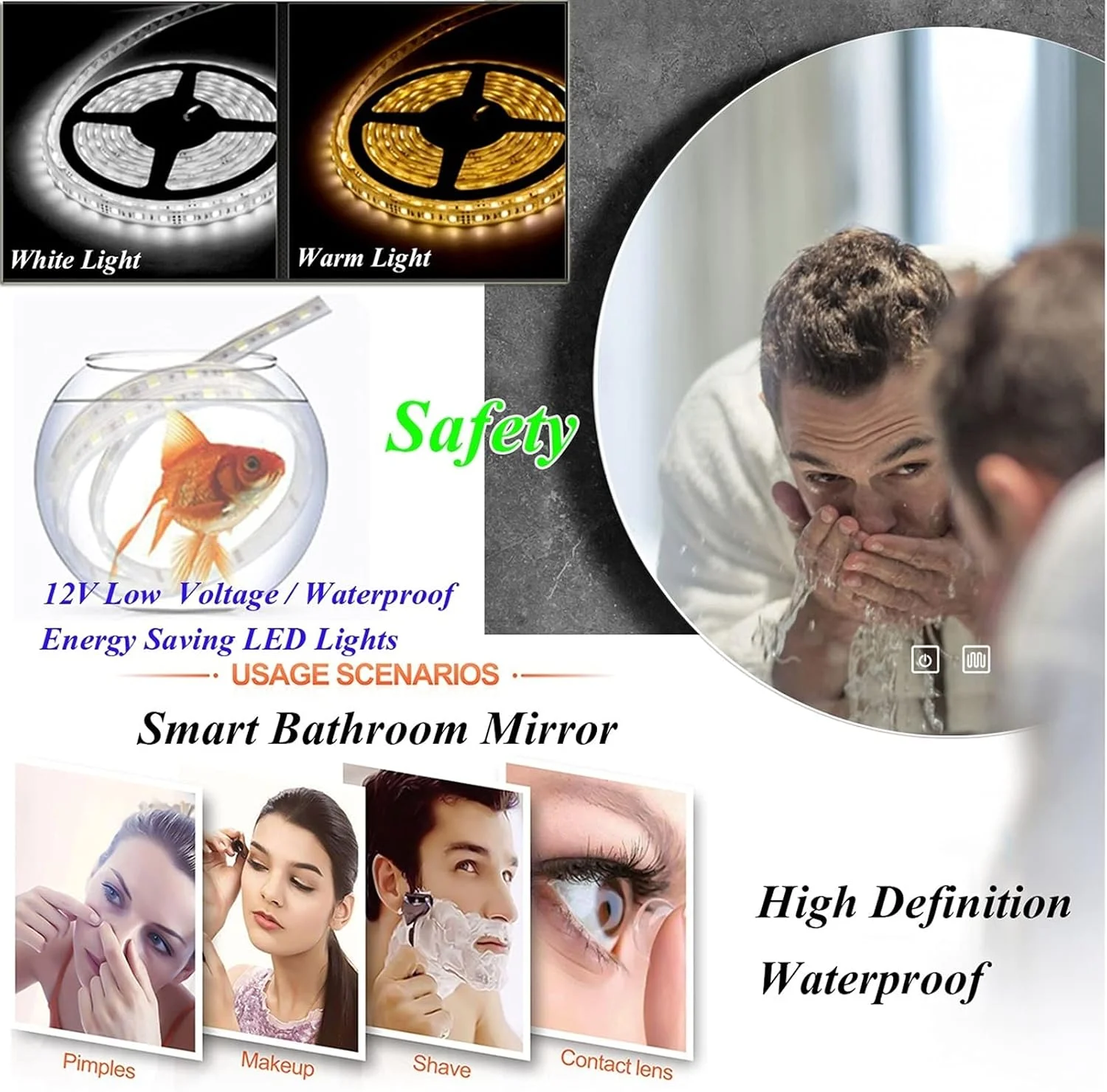 آینه دیواری مستطیلی، آینه حمام LED دار، آینه آرایشی تزئینی بدون قاب با نور LED، نور سفید/نور گرم - صرفه جویی در انرژی ایمن و ضد آب، نور سفید لمسی - 80×80 سانتی متر