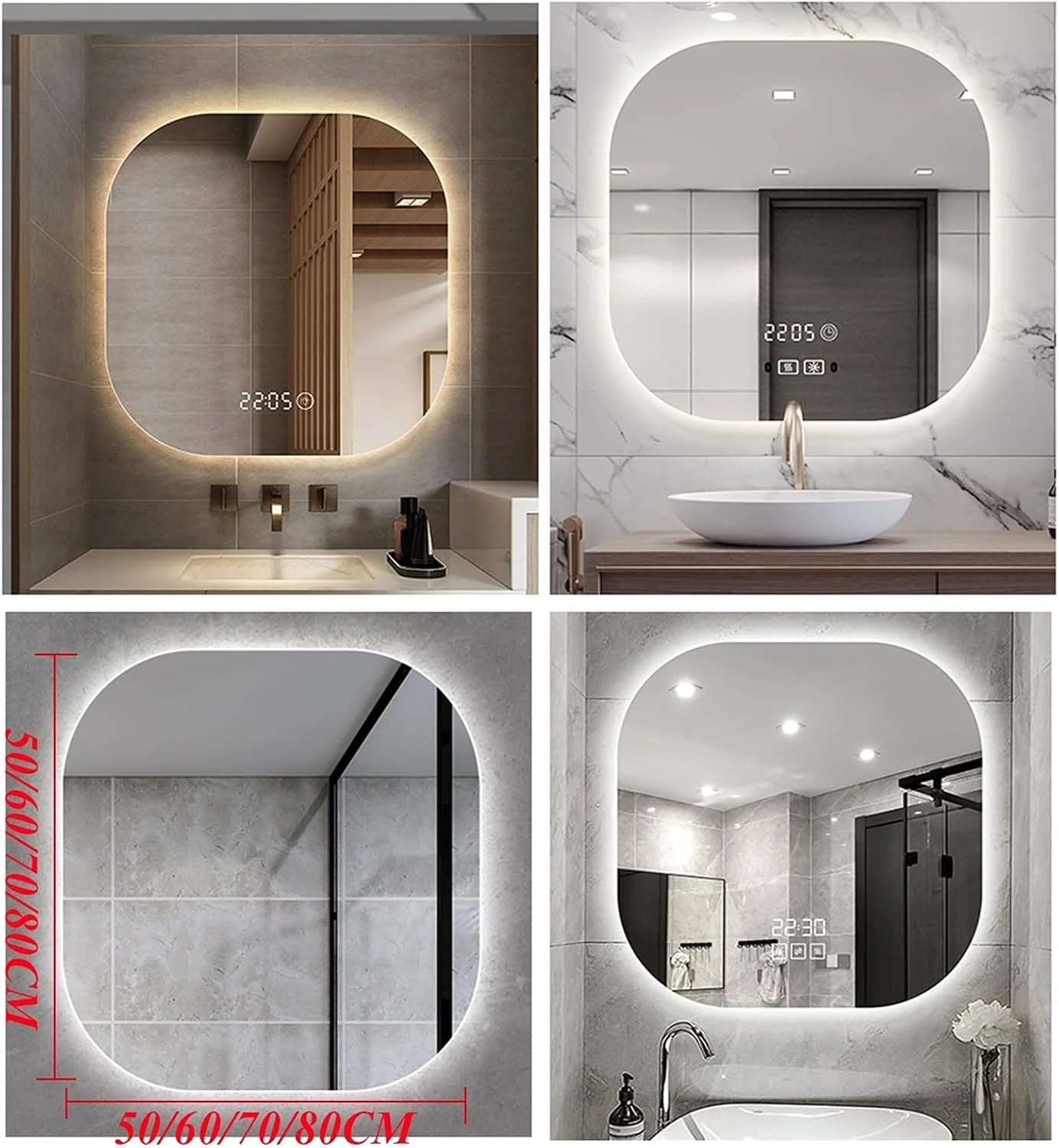 آینه دیواری مستطیلی، آینه حمام LED دار، آینه آرایشی تزئینی بدون قاب با نور LED، نور سفید/نور گرم - صرفه جویی در انرژی ایمن و ضد آب، نور سفید لمسی - 80×80 سانتی متر