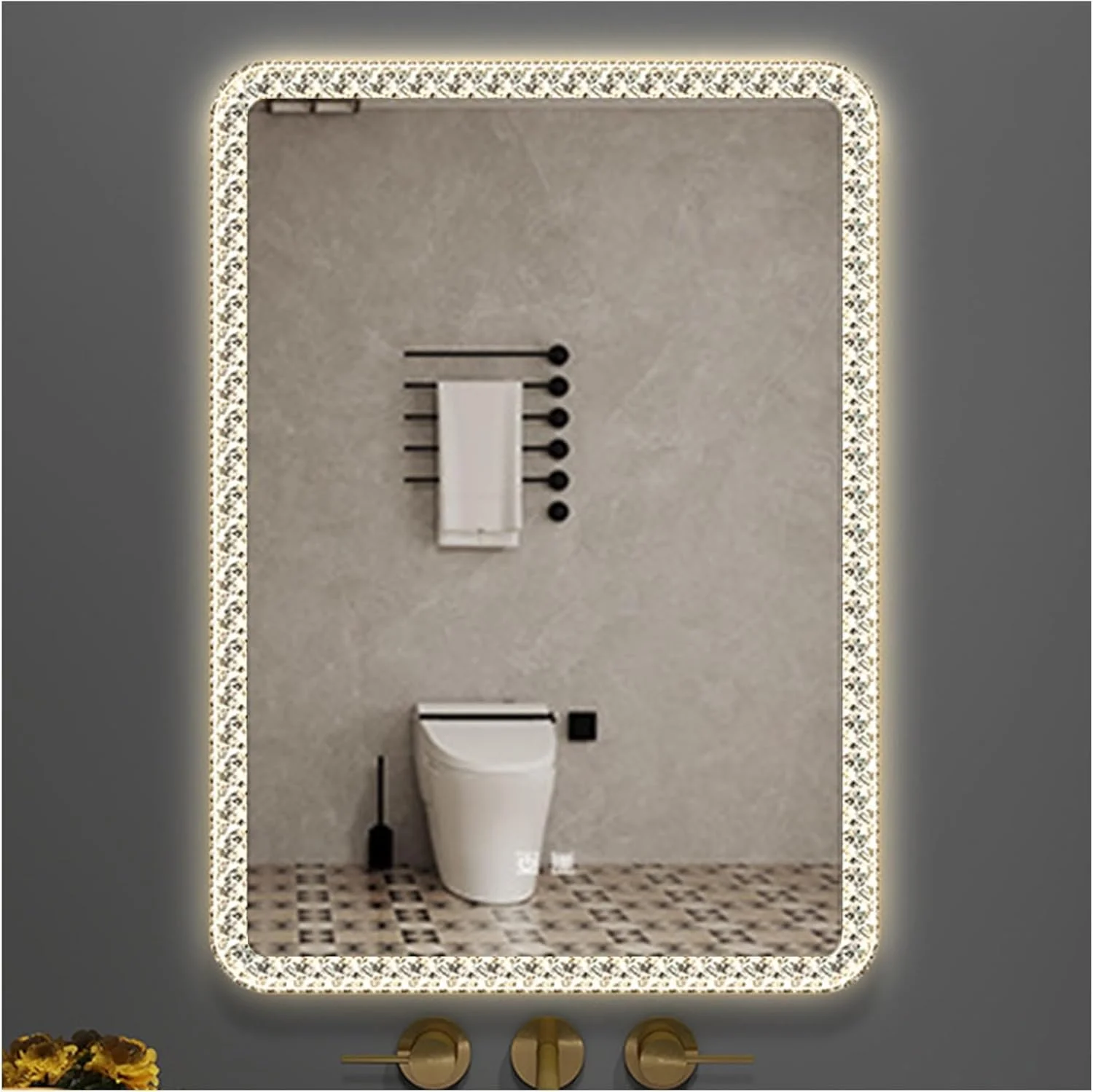 آینه حمام مستطیلی LED با قاب اکریلیک، آینه روشویی کریستالی، نور سه رنگ قابل تنظیم، کلید لمسی، ضد بخار تک کلیدی، مناسب برای حمام، اتاق خواب، راهروی ورودی