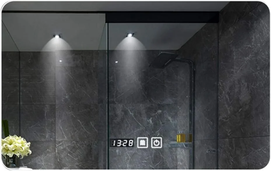 آینه حمام مستطیلی LED، آینه آرایشی دیواری با کلید لمسی فوق حساس، نمایشگر زمان/دما و ضد بخار، ابعاد 75x120 سانتی متر آینه حمام مستطیلی LED، آینه آرایشی دیواری با کلید لمسی فوق حساس، نمایشگر زمان/دما و ضد بخار، ابعاد 75x120 سانتی متر