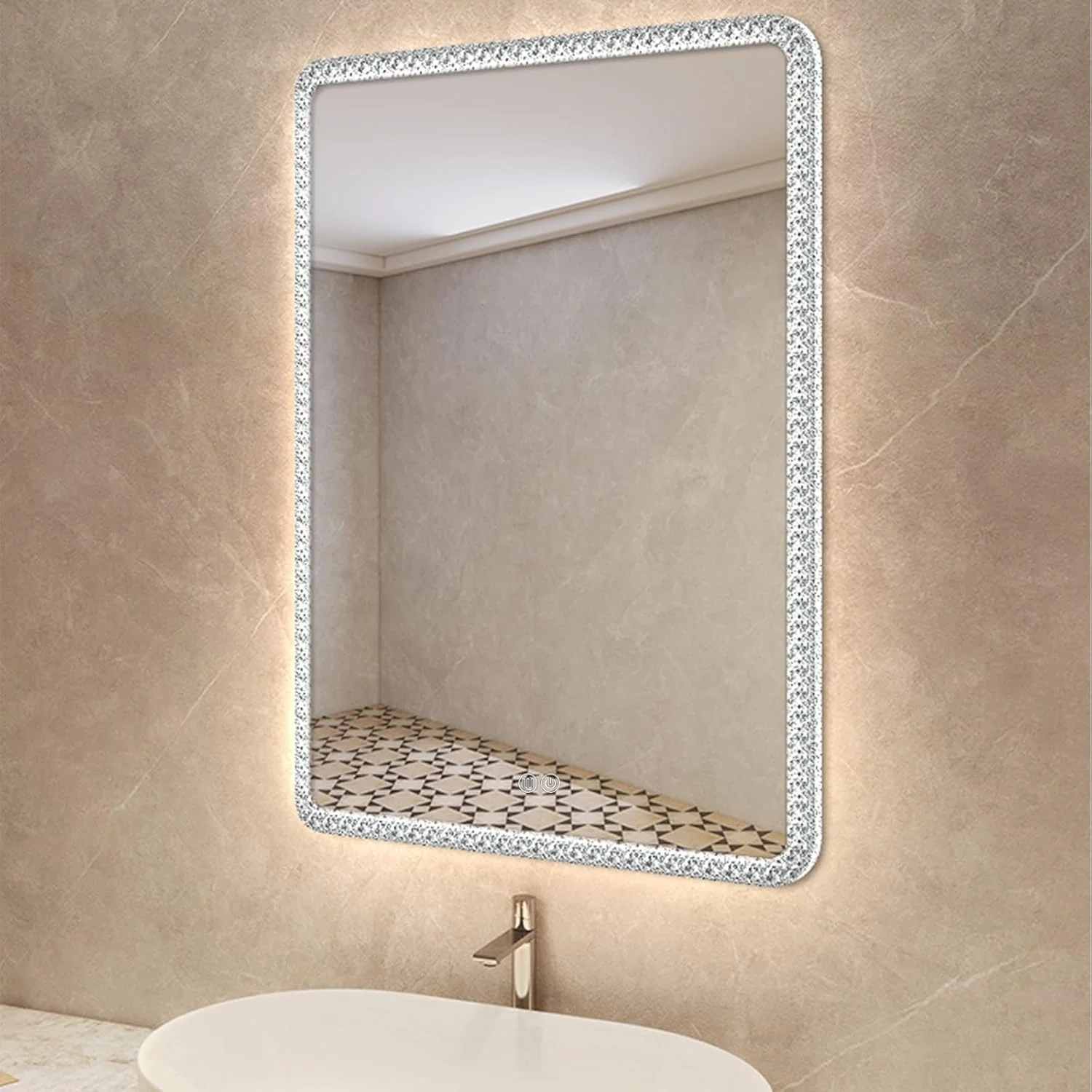 آینه حمام مستطیلی LED با قاب اکریلیک، آینه روشویی کریستالی، نور سه رنگ قابل تنظیم، کلید لمسی، ضد بخار تک کلیدی، مناسب برای حمام، اتاق خواب، راهروی ورودی