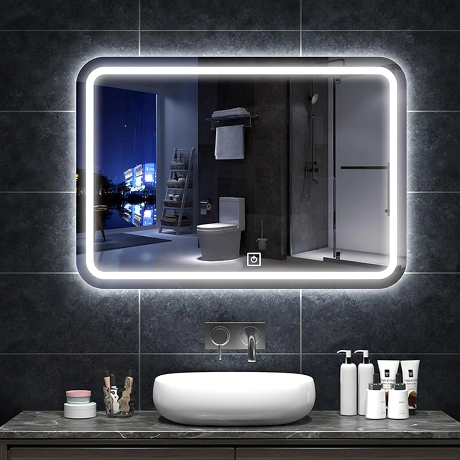 آینه حمام ال ای دی مستطیلی، آینه روشویی، آینه دیواری با قابلیت تنظیم نور پیوسته، نورپردازی 3 رنگ، حافظه، آینه آرایش با دکمه لمسی هوشمند (رنگ: A، اندازه: 50x70 سانتی متر)