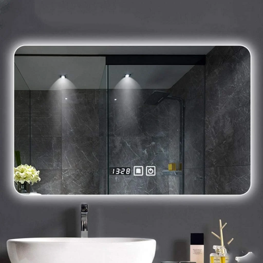آینه حمام مستطیلی LED، آینه آرایشی دیواری با کلید لمسی فوق حساس، نمایشگر زمان/دما و ضد بخار، ابعاد 75x120 سانتی متر