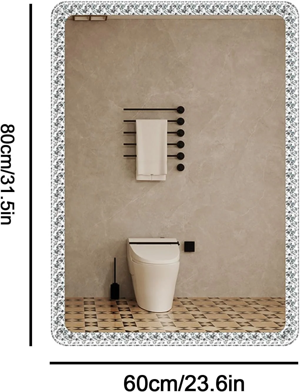 آینه حمام مستطیلی LED با قاب اکریلیک، آینه روشویی کریستالی، نور سه رنگ قابل تنظیم، کلید لمسی، ضد بخار تک کلیدی، مناسب برای حمام، اتاق خواب، راهروی ورودی