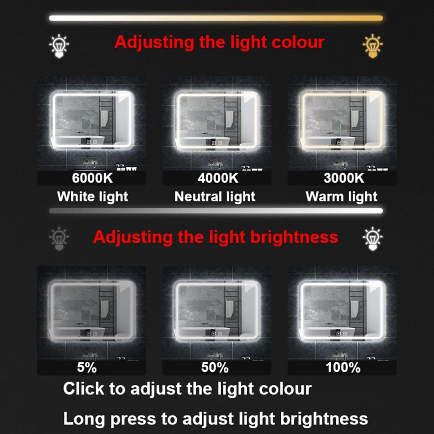 آینه حمام ال ای دی مستطیلی، آینه روشویی، آینه دیواری با قابلیت تنظیم نور پیوسته، نورپردازی 3 رنگ، حافظه، آینه آرایش با دکمه لمسی هوشمند (رنگ: A، اندازه: 50x70 سانتی متر)