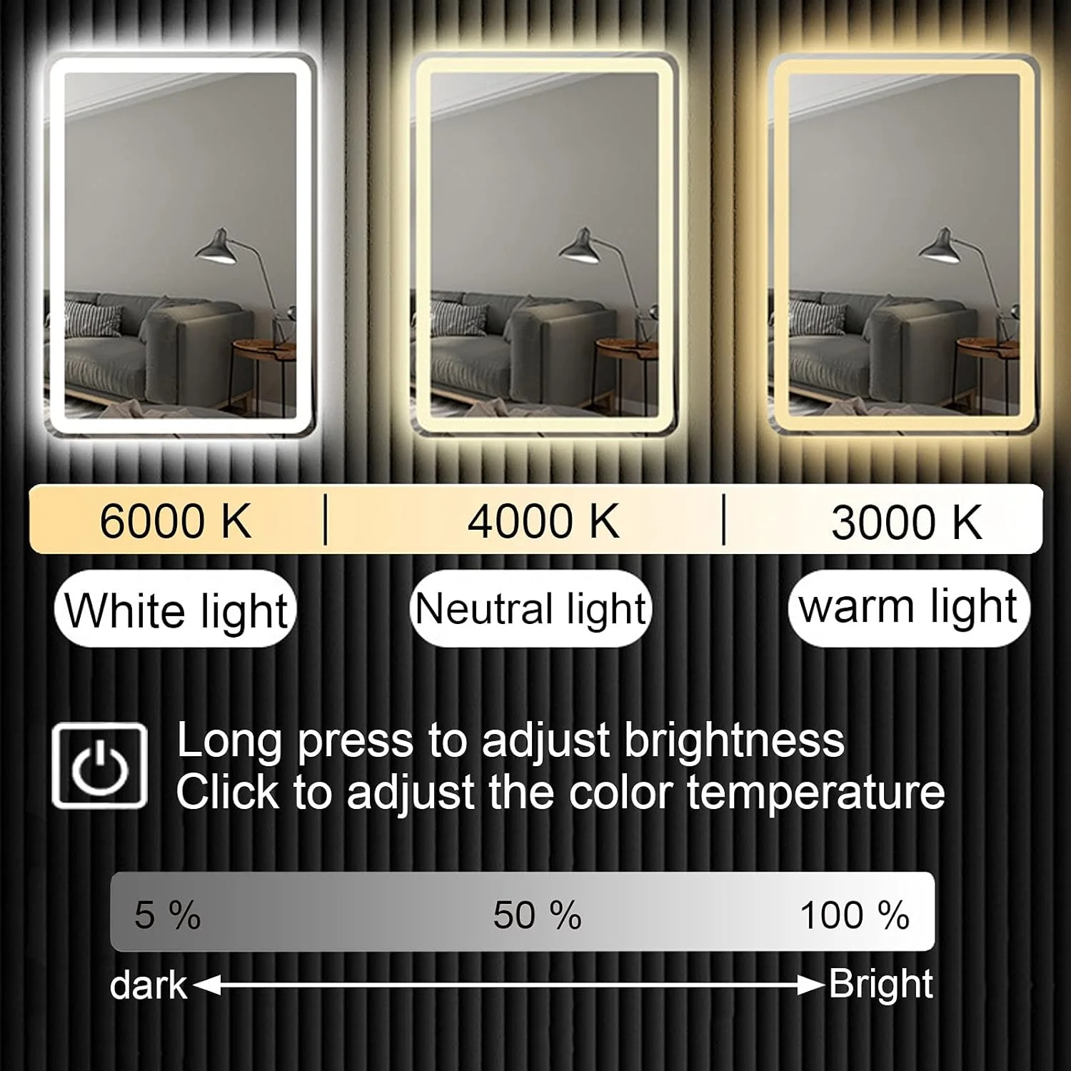 آینه روشویی LED مستطیلی، 28/32/47 اینچ، آینه حمام با کلید لمسی، آینه آرایش روشن با قابلیت تنظیم نور، آینه تزئینی، با 3 رنگ نور 3000K-6000K، I، 28inx35.5in (70cmx90cm)