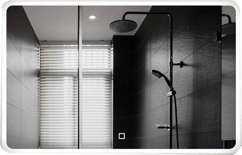 آینه حمام LED مستطیلی بدون قاب، نصب شده روی دیوار، ضد مه، دارای نور پس زمینه، کلید لمسی، نور سفید/نور گرم، نور گرم - 70x90 سانتی متر