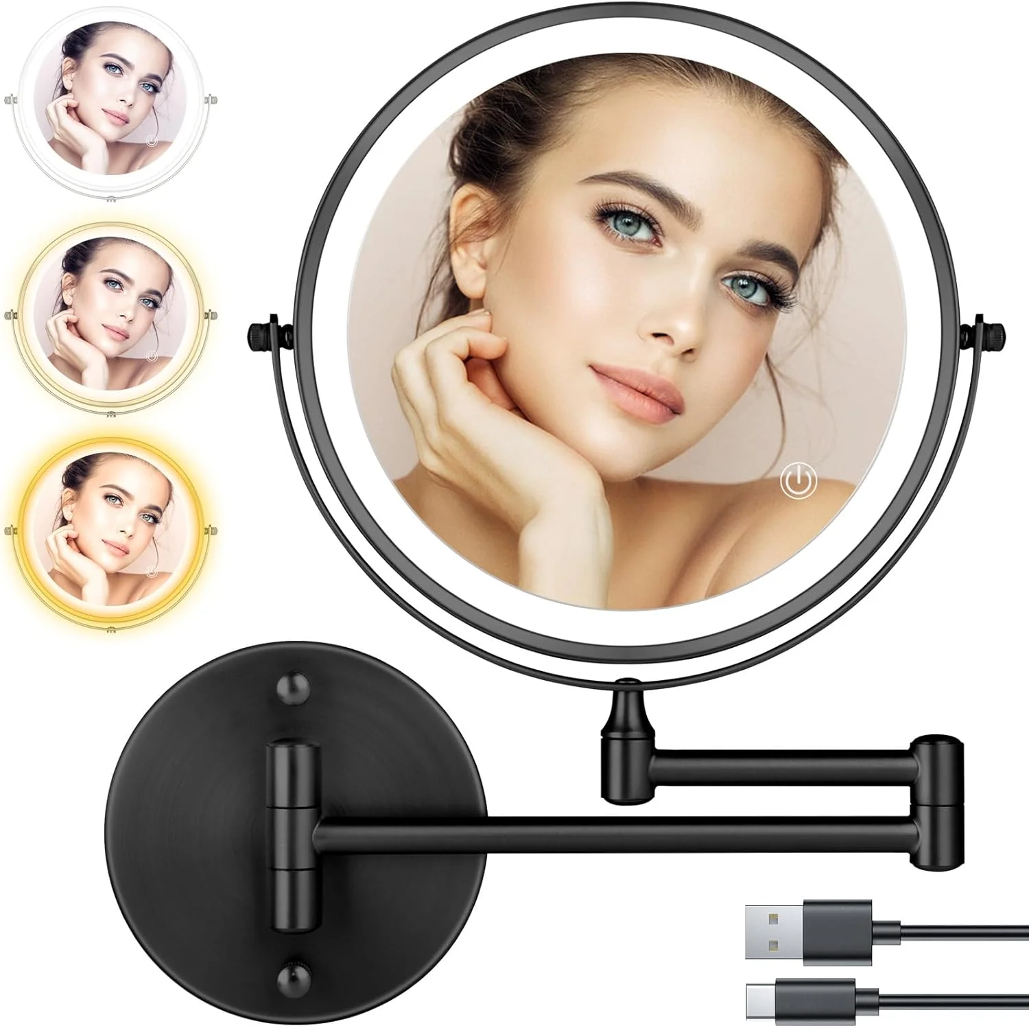 آینه آرایشی دیواری شارژی با نور پس زمینه، 8 اینچ، دو طرفه، بزرگنمایی 1X/10X، آینه آرایشی LED با 3 رنگ نور، صفحه لمسی دیمر دار، چرخش 360 درجه، آینه حمام قابل افزایش طول، آینه اصلاح مشکی