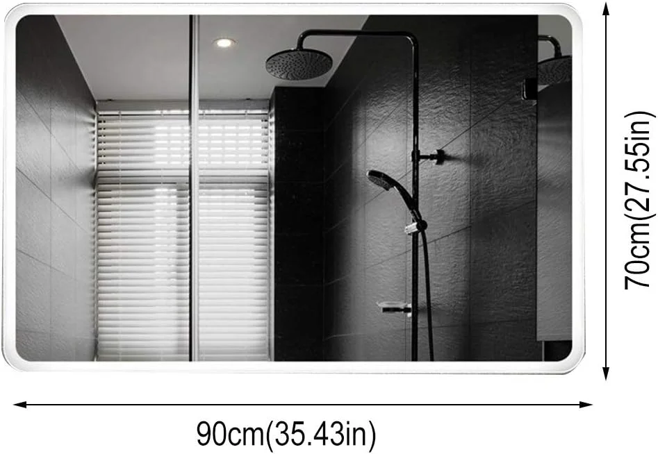 آینه حمام LED مستطیلی بدون قاب، نصب شده روی دیوار، ضد مه، دارای نور پس زمینه، کلید لمسی، نور سفید/نور گرم، نور گرم - 70x90 سانتی متر