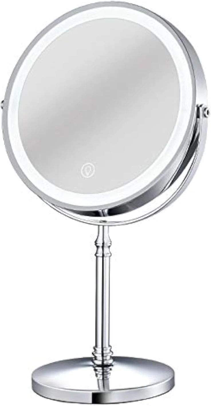 آینه آرایشی چراغ دار، آینه بزرگنمایی دو طرفه 8 اینچی قابل شارژ با 3 رنگ نور، چرخش 360 درجه، کنترل لمسی، آینه روشویی با قابلیت تنظیم روشنایی
